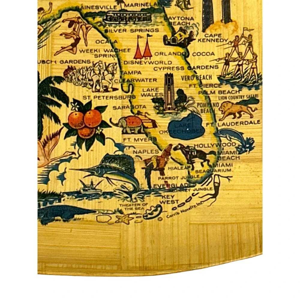 Vintage Florida State Bamboo Map Bowl